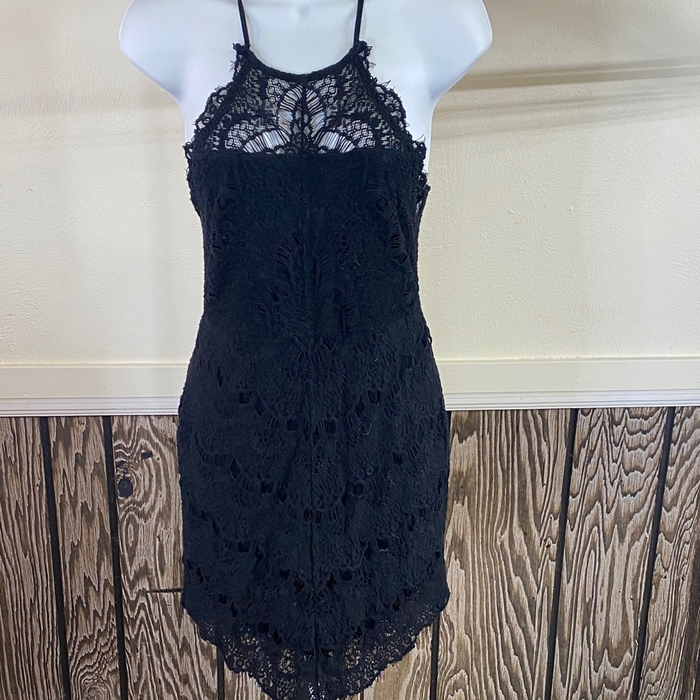 Black Lace Halter Mini Dress